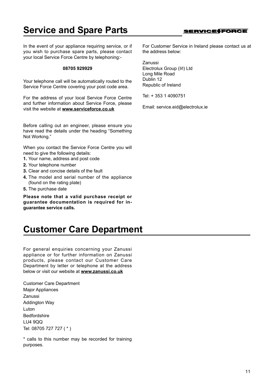 Service and spare parts, Customer care department | Zanussi ZI 9121 FA User Manual | Page 11 / 20