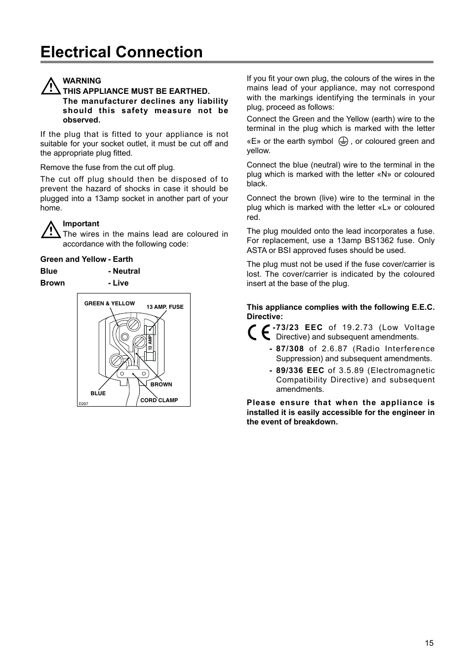 Electrical connection | Zanussi ZI 9121 FA User Manual | Page 15 / 20