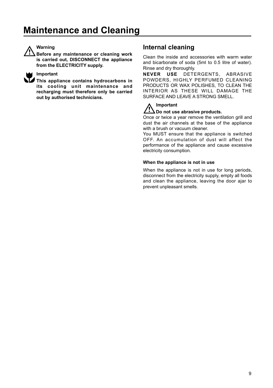 Maintenance and cleaning, Internal cleaning | Zanussi ZI 9121 FA User Manual | Page 9 / 20