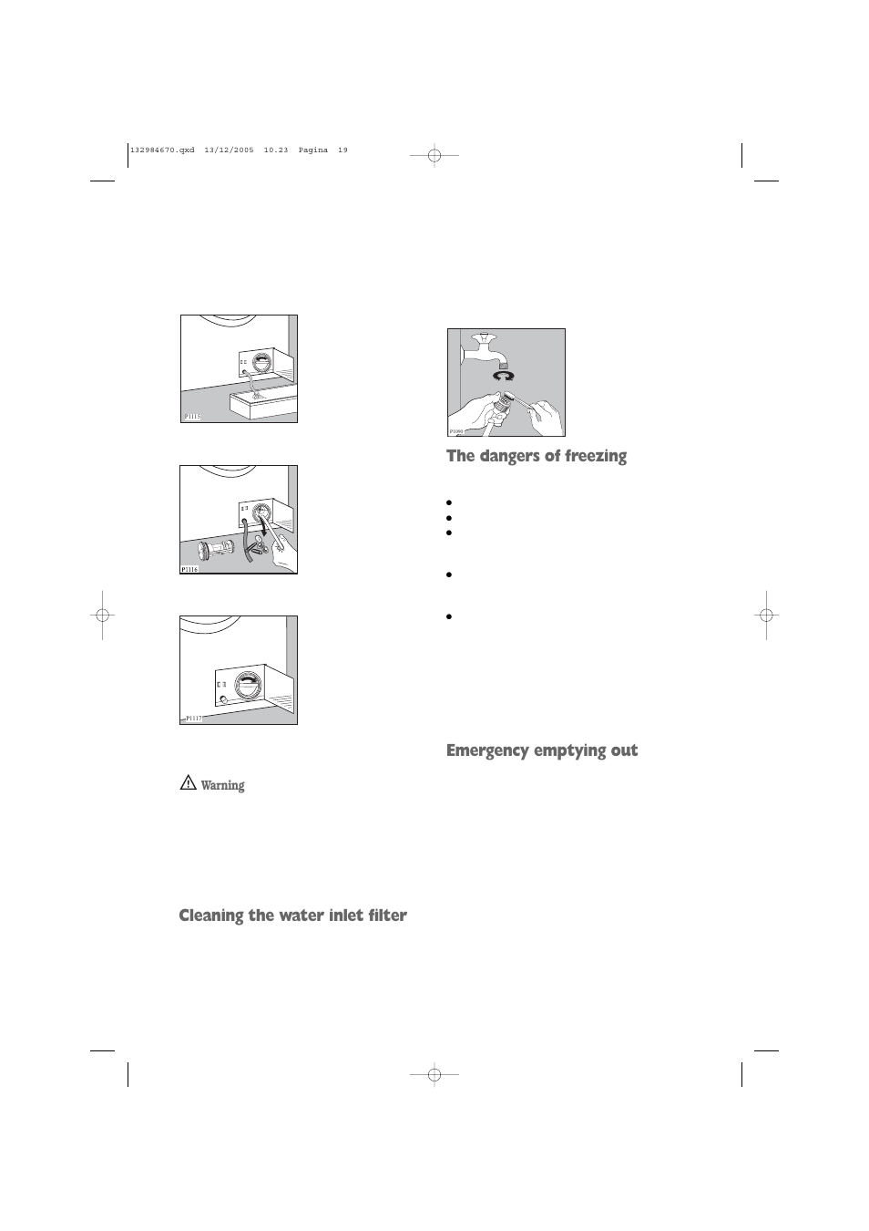 Cleaning the water inlet filter, The dangers of freezing, Emergency emptying out | Zanussi ZWF 1521W User Manual | Page 19 / 28