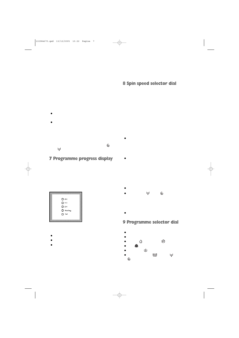 7 programme progress display, 8 spin speed selector dial, 9 programme selector dial | Zanussi ZWF 1521W User Manual | Page 7 / 28