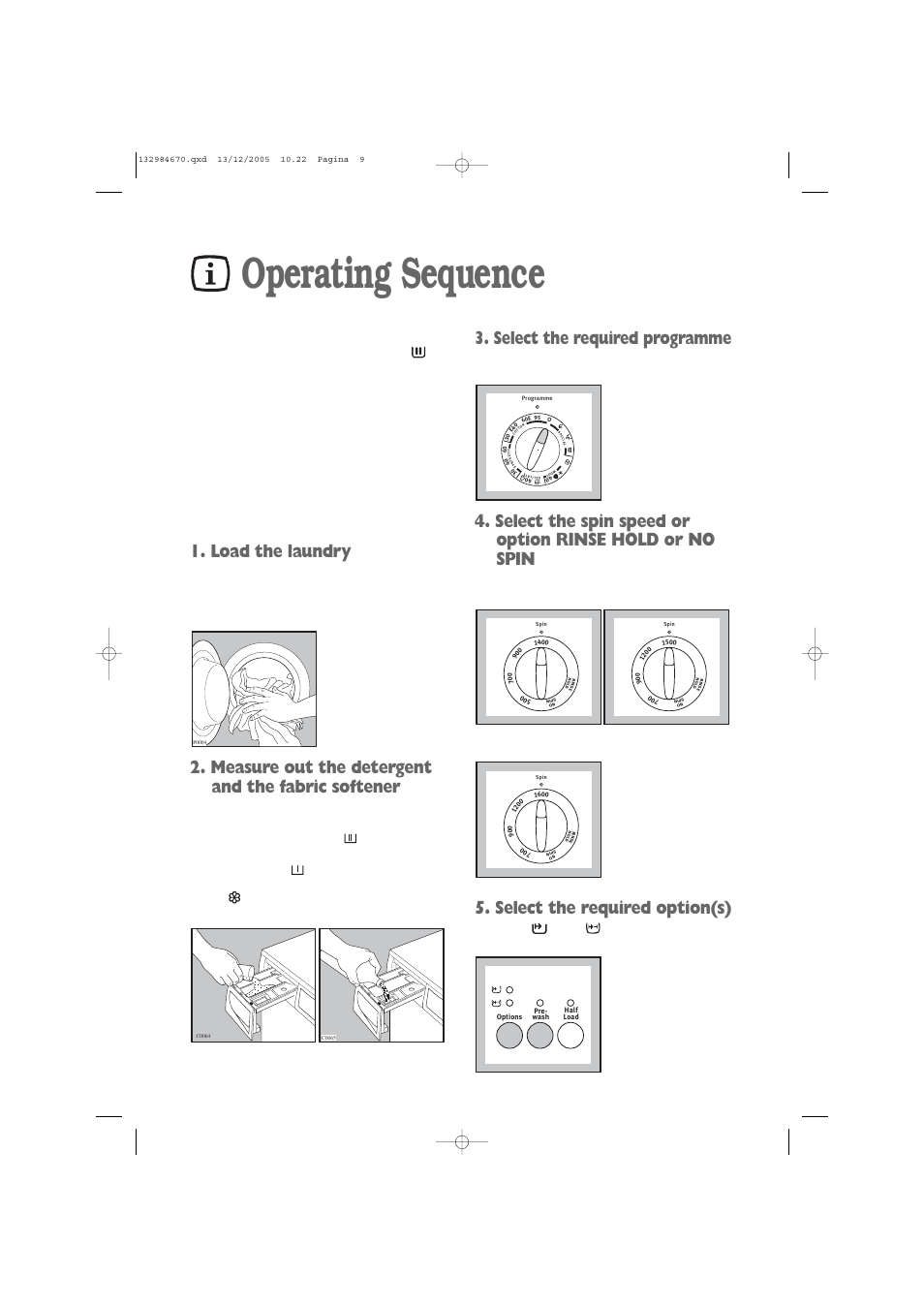 Operating sequence, Load the laundry, Measure out the detergent and the fabric softener | Select the required programme, Select the required option(s) | Zanussi ZWF 1521W User Manual | Page 9 / 28