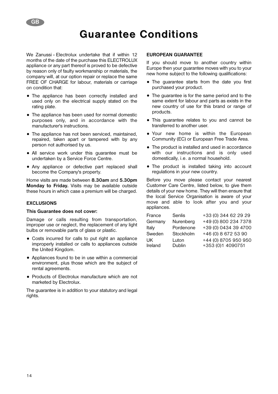 Guar, Guar ant ant ee conditions ee conditions | Zanussi ZNB 343 S User Manual | Page 14 / 20