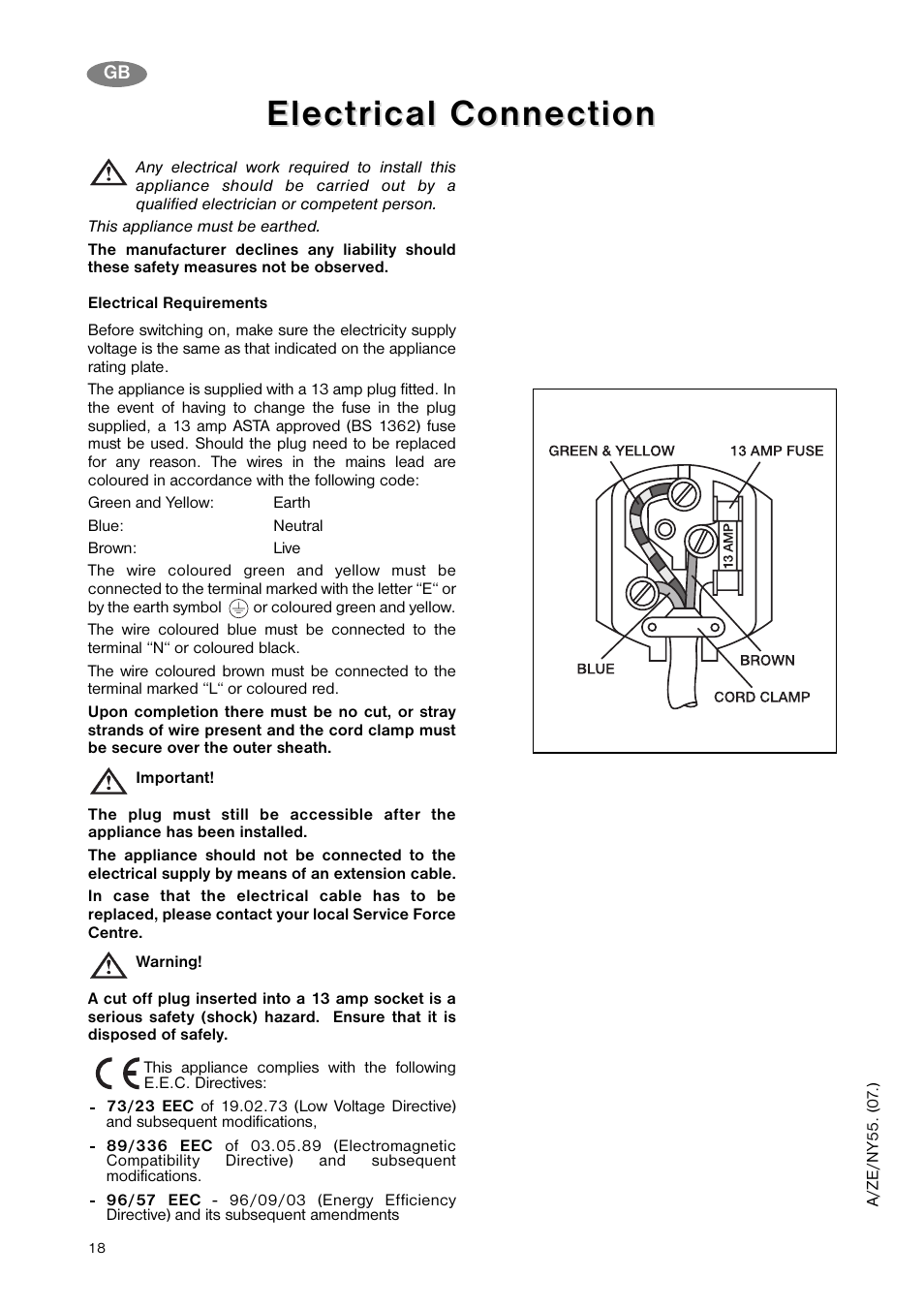 Electrical connection | Zanussi ZNB 343 S User Manual | Page 18 / 20