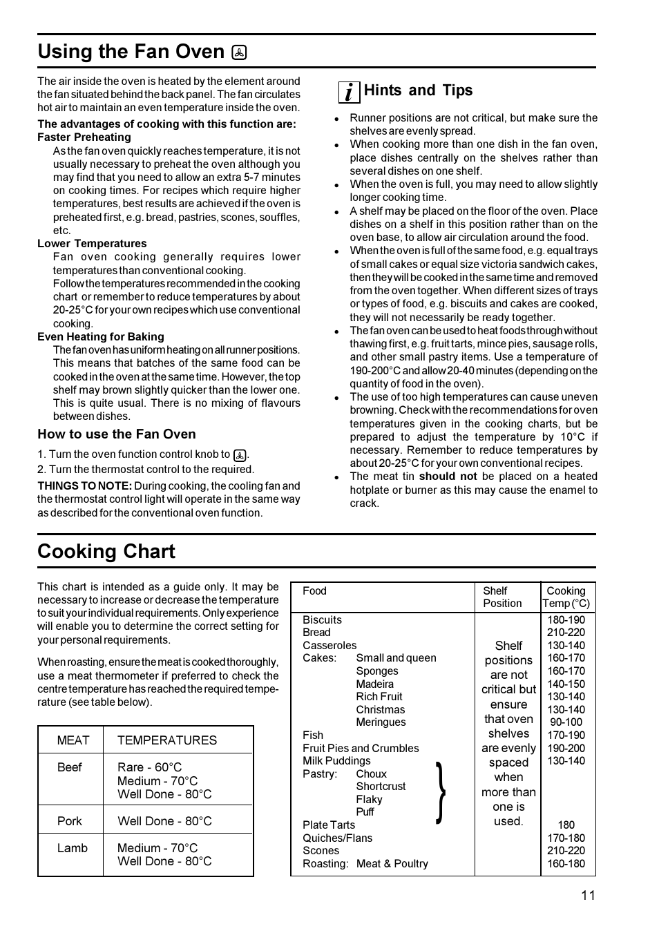 Using the fan oven, Cooking chart, Hints and tips | Zanussi BMS 641 - BST 6 User Manual | Page 11 / 21
