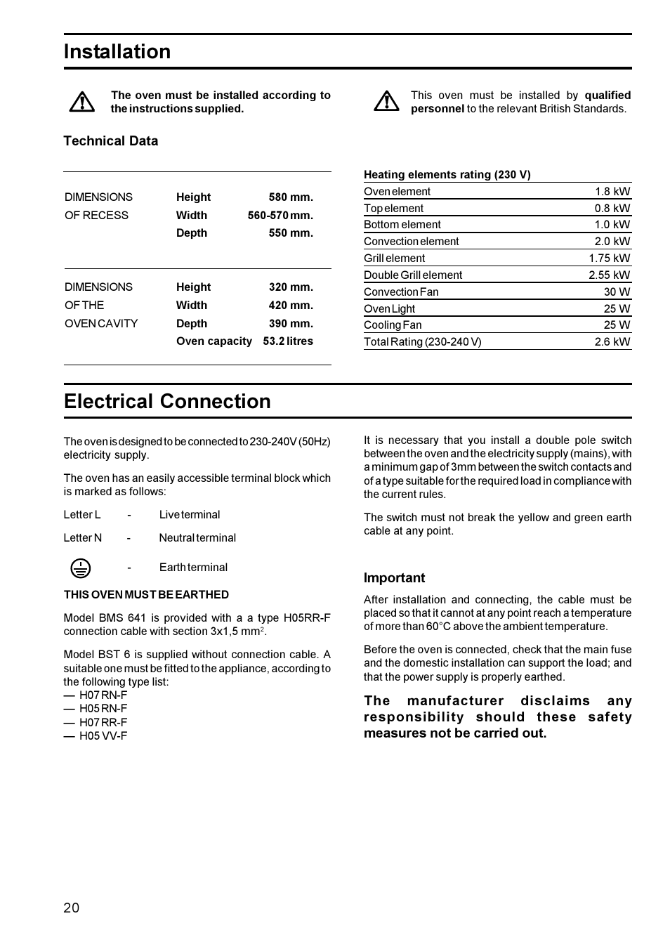 Installation electrical connection | Zanussi BMS 641 - BST 6 User Manual | Page 20 / 21