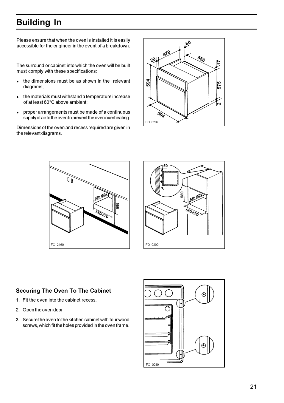 Building in, Securing the oven to the cabinet | Zanussi BMS 641 - BST 6 User Manual | Page 21 / 21