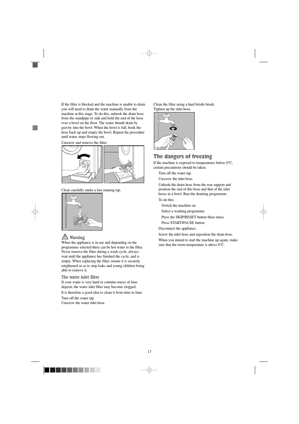 The dangers of freezing, Warning, The water inlet filter | Zanussi FJ 1454 W User Manual | Page 17 / 26