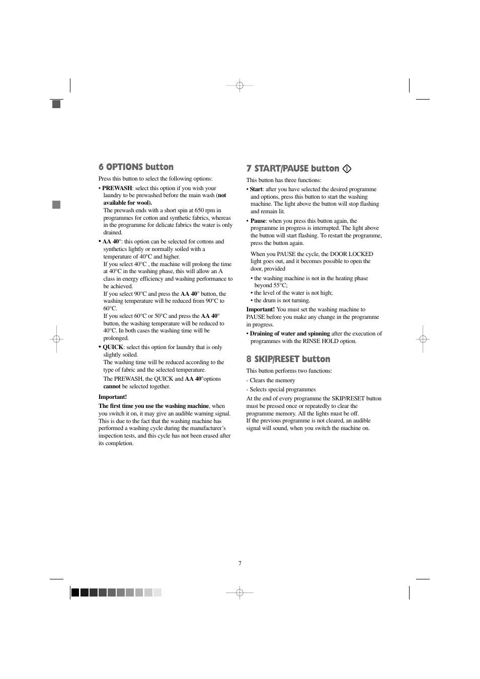 6 options button, 7 start/pause button, 8 skip/reset button | Zanussi FJ 1454 W User Manual | Page 7 / 26