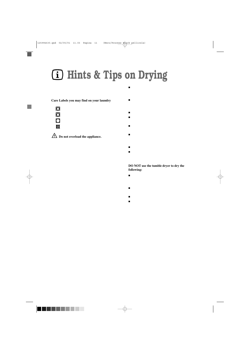 Hints & tips on drying | Zanussi TDE 4224 W User Manual | Page 11 / 21