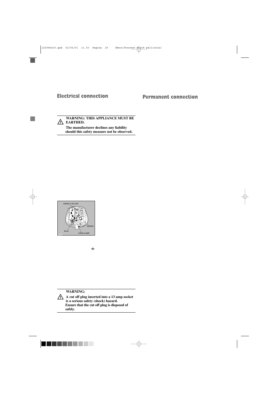 Electrical connection, Permanent connection | Zanussi TDE 4224 W User Manual | Page 20 / 21