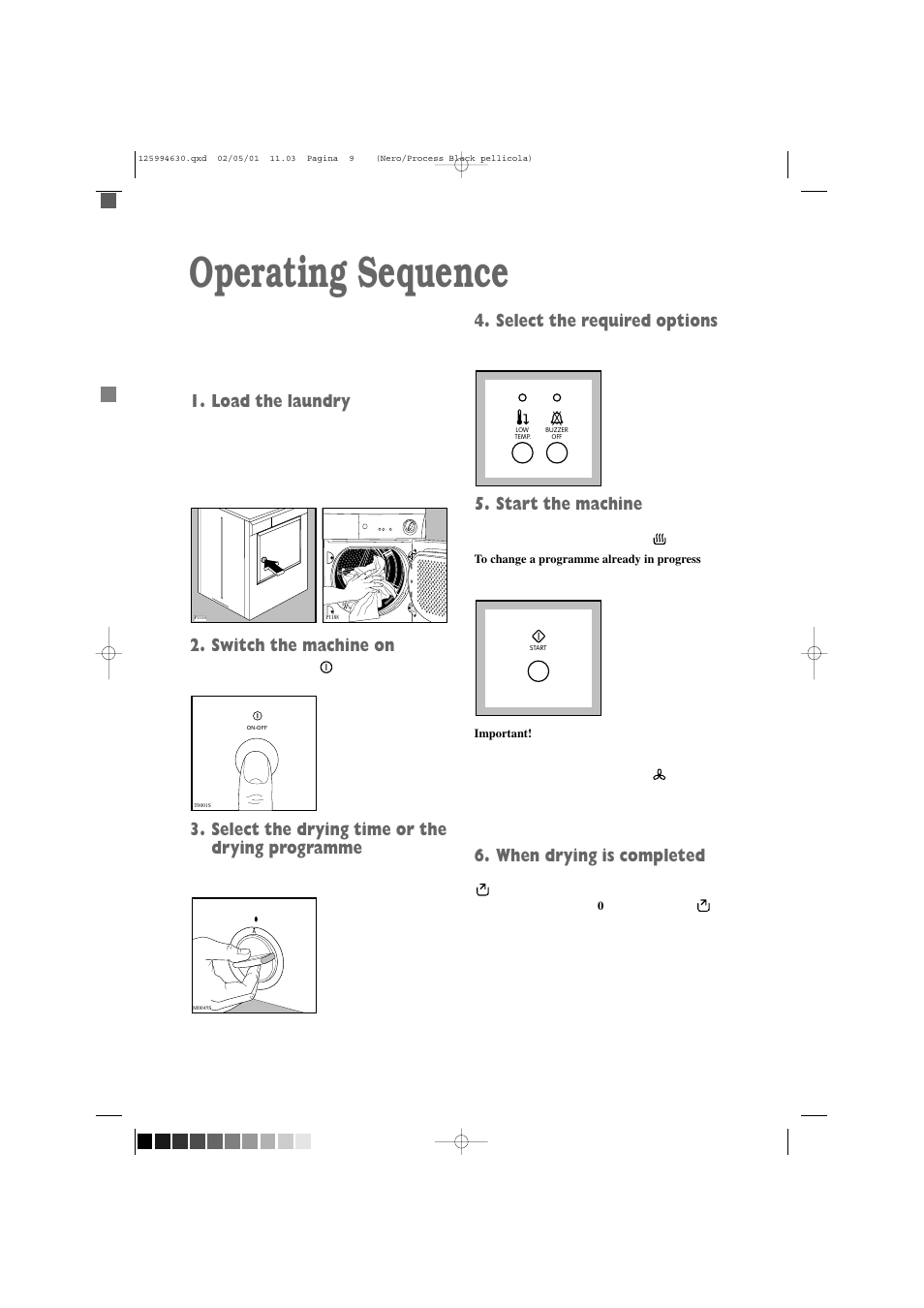 Operating sequence, Load the laundry, Switch the machine on | Select the drying time or the drying programme, Select the required options, Start the machine, When drying is completed | Zanussi TDE 4224 W User Manual | Page 9 / 21