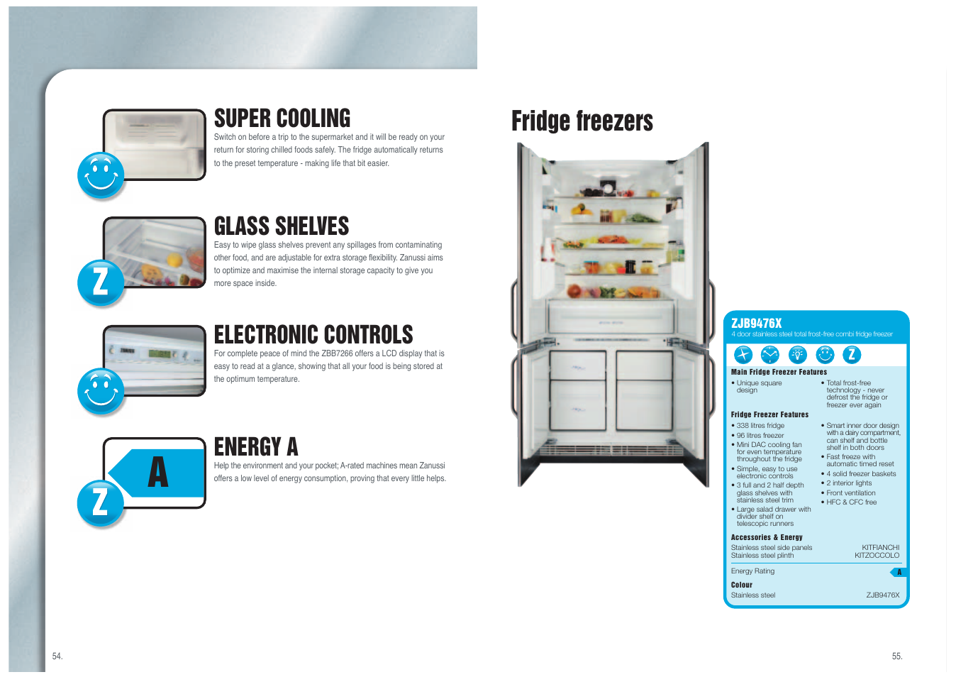 Fridge freezers, Super cooling, Glass shelves | Energy a, Electronic controls | Zanussi Cool & Fresh User Manual | Page 2 / 5