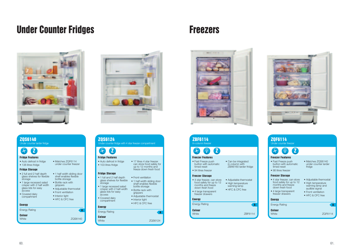 Freezers under counter fridges, Zbf6114, Zqf6114 | Zqs6140, Zqs6124 | Zanussi Cool & Fresh User Manual | Page 5 / 5