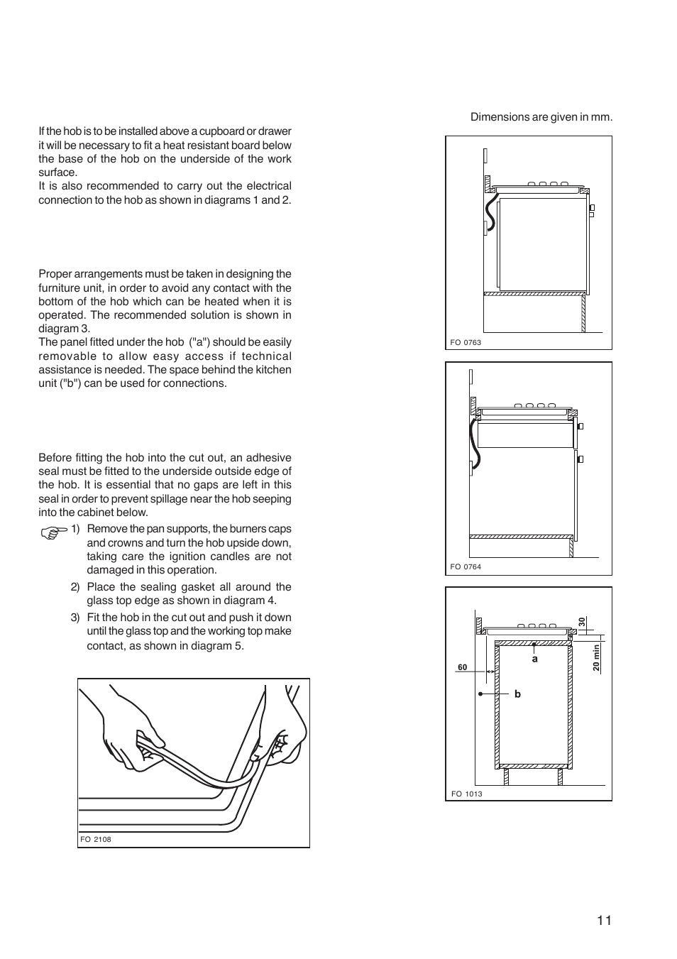 Building in, Building over a cupboard or drawer, Building over a kitchen unit with door | Fitting the hob to the worktop | Zanussi ZGG 782 User Manual | Page 11 / 20