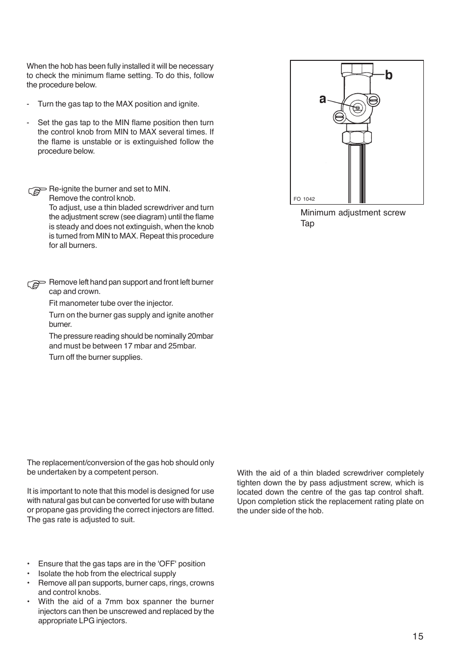 Commissioning, Conversion from natural gas to lpg | Zanussi ZGG 782 User Manual | Page 15 / 20