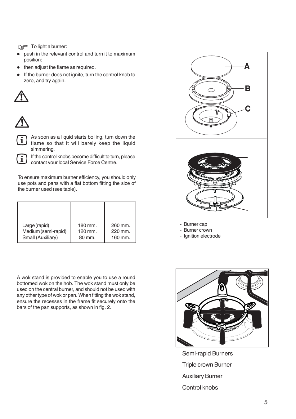 Operation, Hob burners, Ab c | Using the wok stand (only in model zgg 782) | Zanussi ZGG 782 User Manual | Page 5 / 20