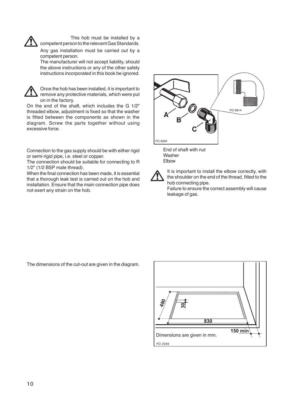 Installation, Gas connection, Cut out size | Zanussi ZGF 982 User Manual | Page 10 / 20