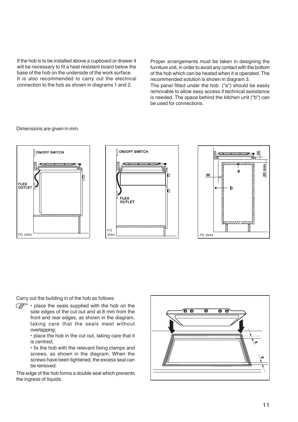 Building in, Building over a cupboard or drawer, Building over a kitchen unit with door | Fitting the hob into the worktop | Zanussi ZGF 982 User Manual | Page 11 / 20
