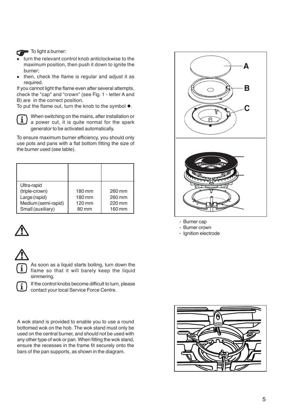 Operation, Hob burners, Using the wok stand | Ab c | Zanussi ZGF 982 User Manual | Page 5 / 20