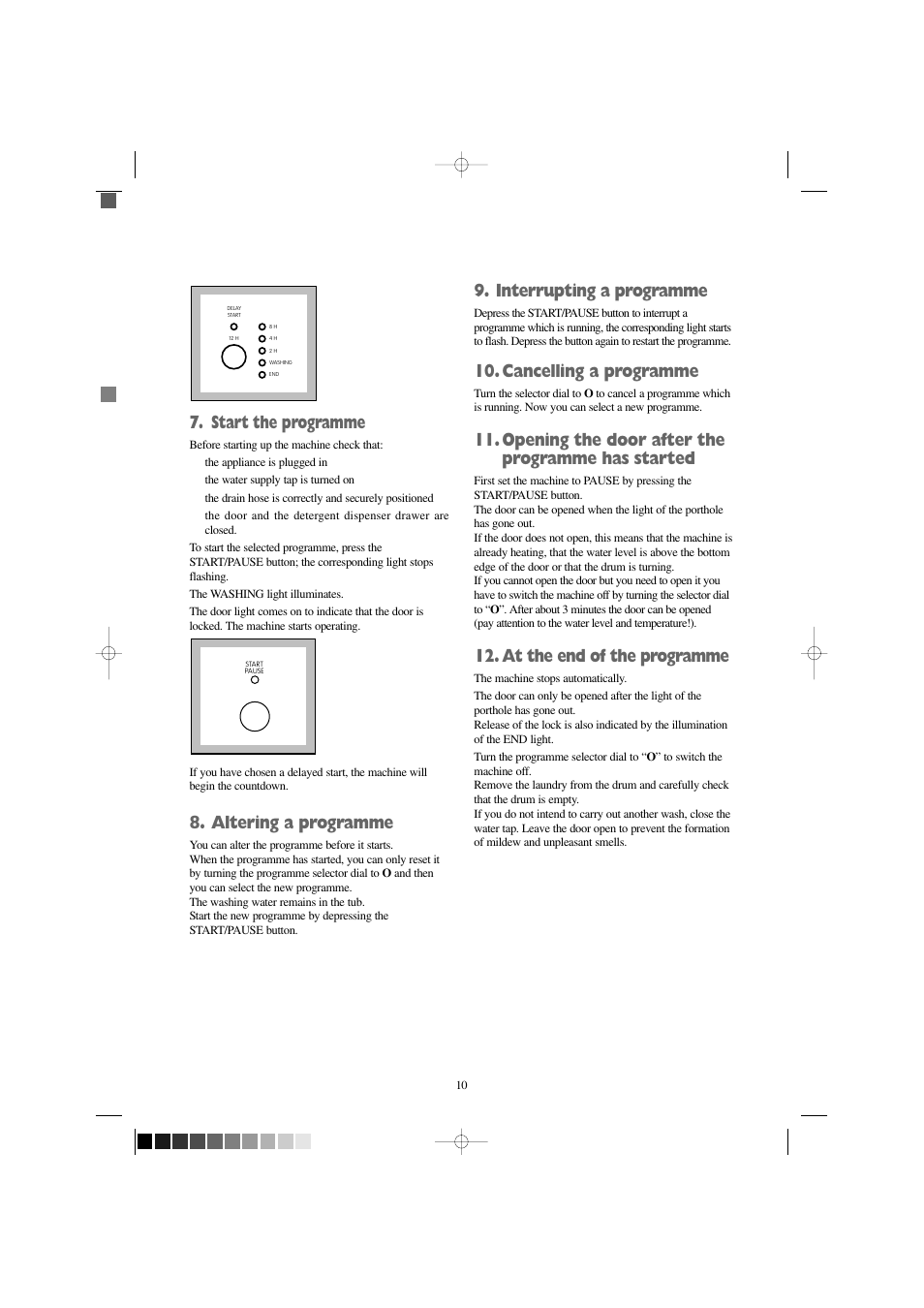Start the programme, Altering a programme, Interrupting a programme | Cancelling a programme, Opening the door after the programme has started, At the end of the programme | Zanussi F 1256 W User Manual | Page 10 / 28