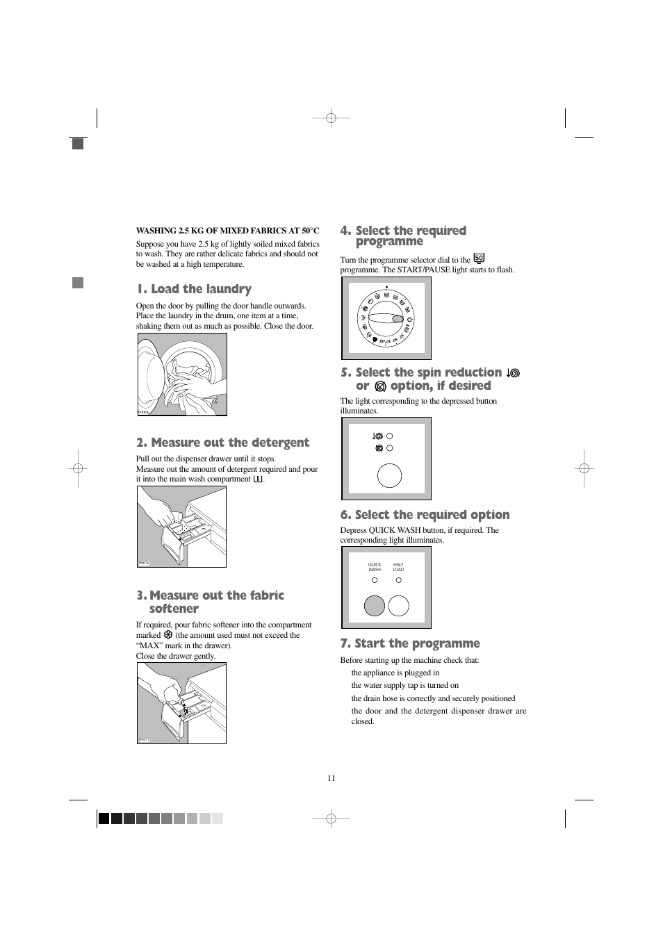 Load the laundry, Measure out the detergent, Measure out the fabric softener | Select the required programme, Select the spin reduction or option, if desired, Select the required option, Start the programme | Zanussi F 1256 W User Manual | Page 11 / 28
