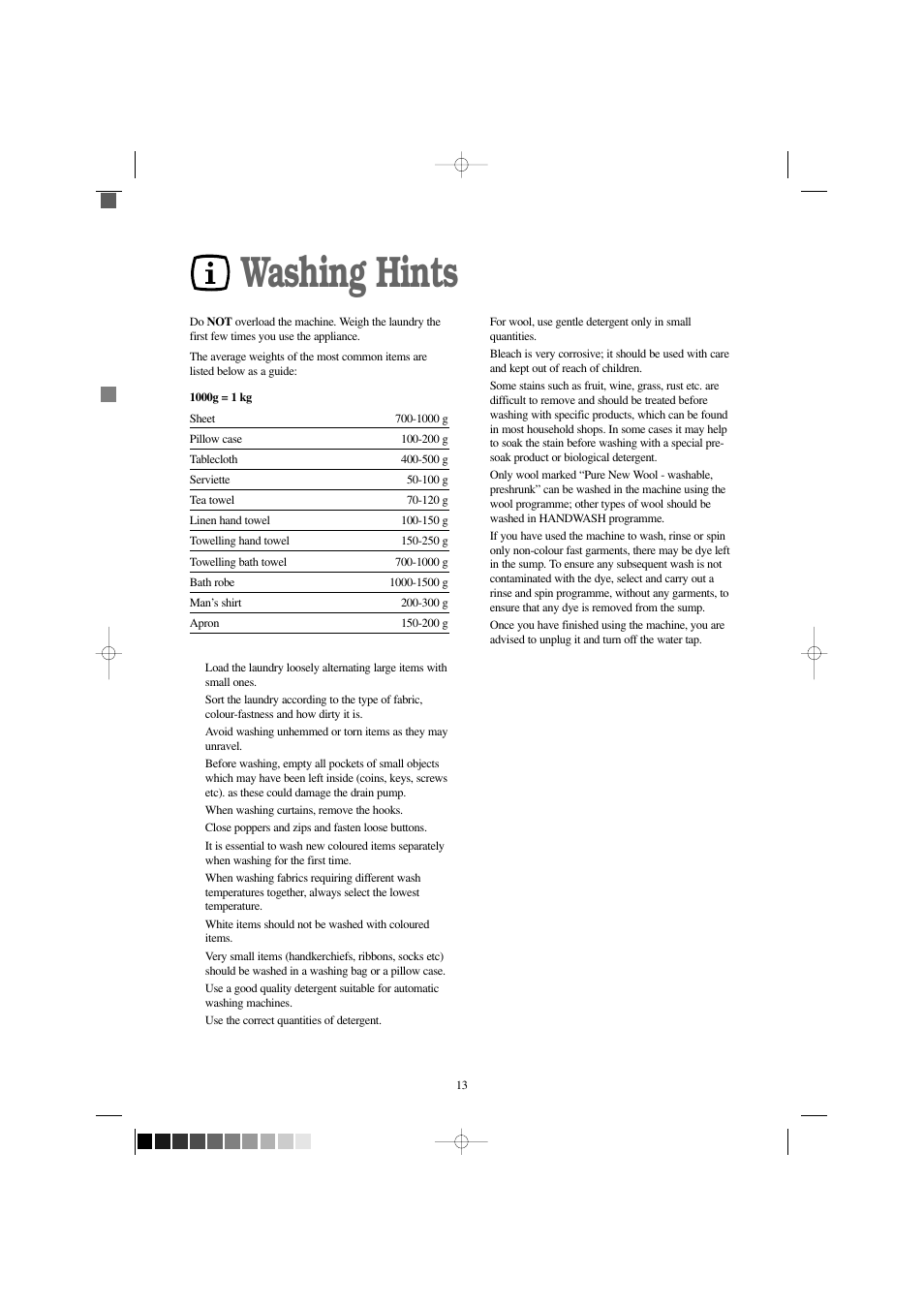 Washing hints | Zanussi F 1256 W User Manual | Page 13 / 28