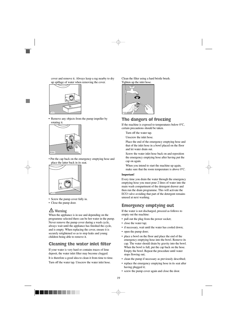 Cleaning the water inlet filter, The dangers of freezing, Emergency emptying out | Zanussi F 1256 W User Manual | Page 19 / 28