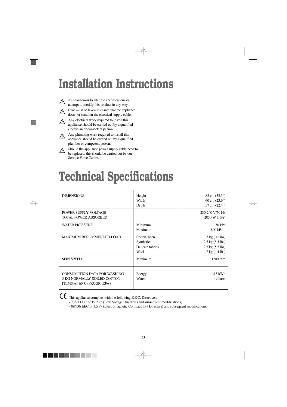 Installation instructions technical specifications | Zanussi F 1256 W User Manual | Page 23 / 28