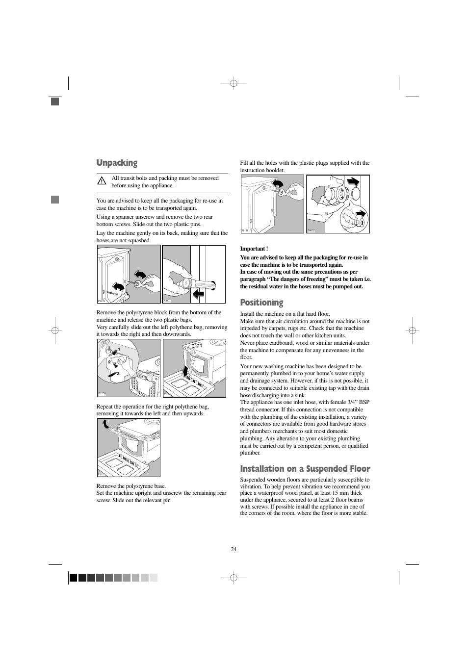 Unpacking, Positioning, Installation on a suspended floor | Zanussi F 1256 W User Manual | Page 24 / 28