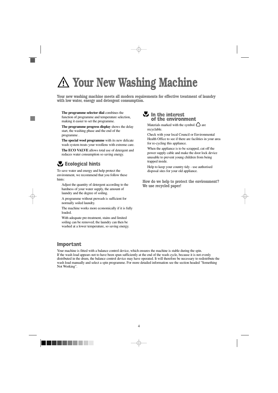Your new washing machine, Ecological hints, Important | Zanussi F 1256 W User Manual | Page 4 / 28