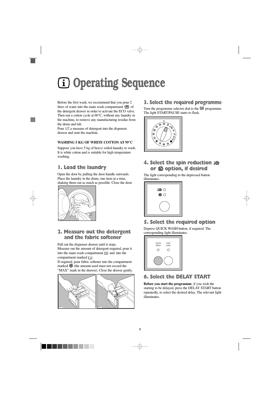 Operating sequence, Load the laundry, Measure out the detergent and the fabric softener | Select the required programme, Select the spin reduction or option, if desired, Select the required option, Select the delay start | Zanussi F 1256 W User Manual | Page 9 / 28