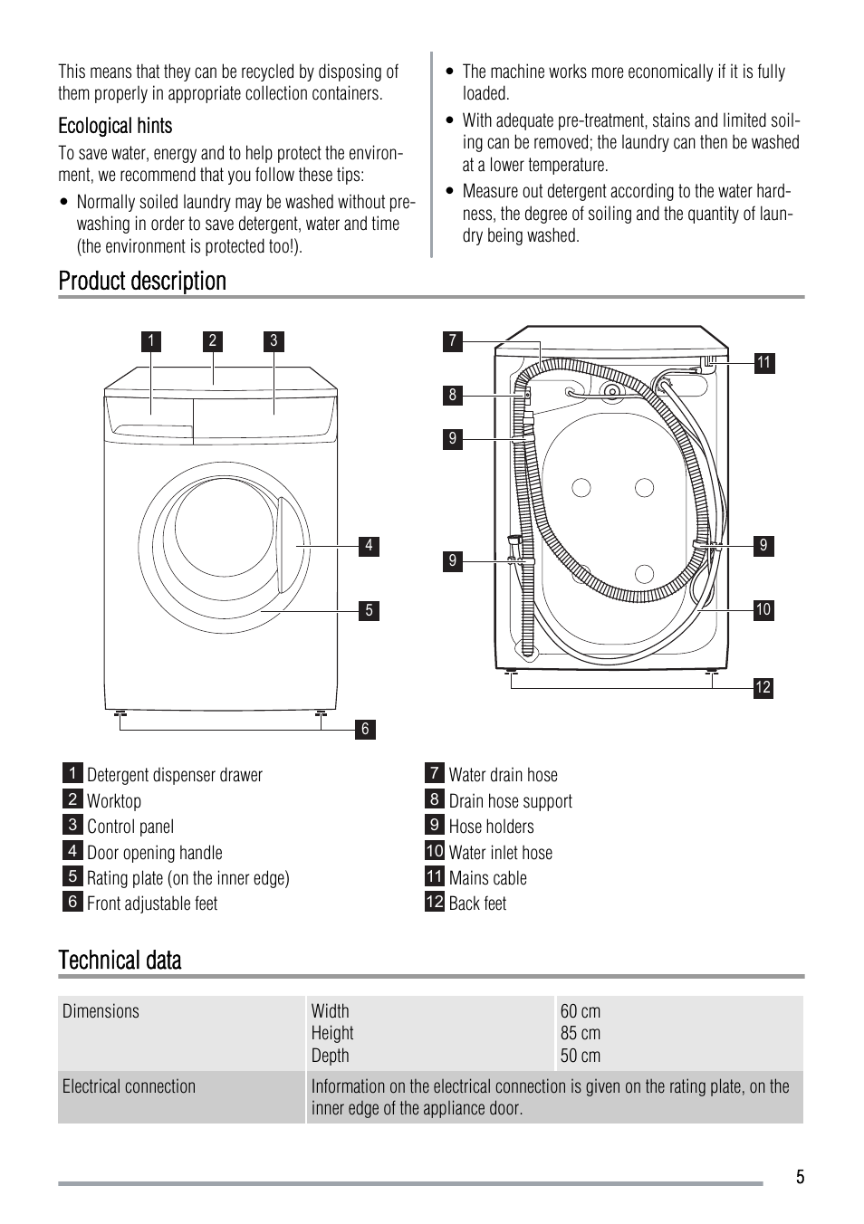 Product description, Technical data | Zanussi ZWG 5120 P User Manual | Page 5 / 28