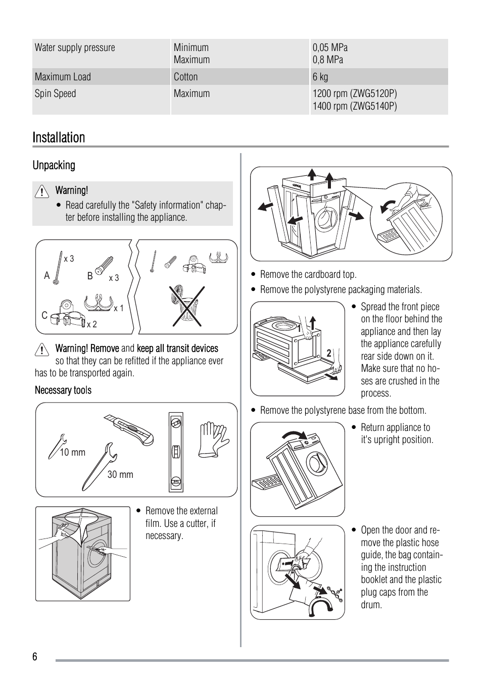 Installation | Zanussi ZWG 5120 P User Manual | Page 6 / 28