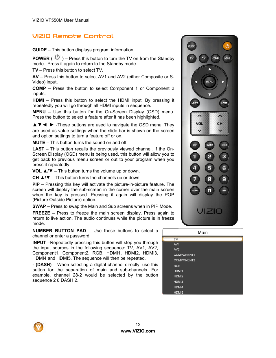 Vizio remote control | Zanussi VF550M User Manual | Page 12 / 57