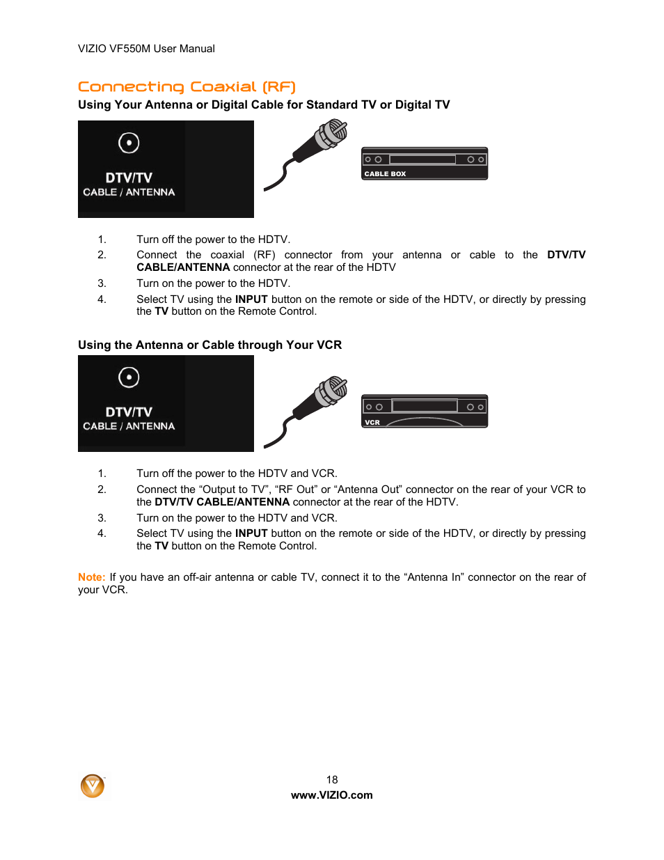 Connecting coaxial (rf) | Zanussi VF550M User Manual | Page 18 / 57