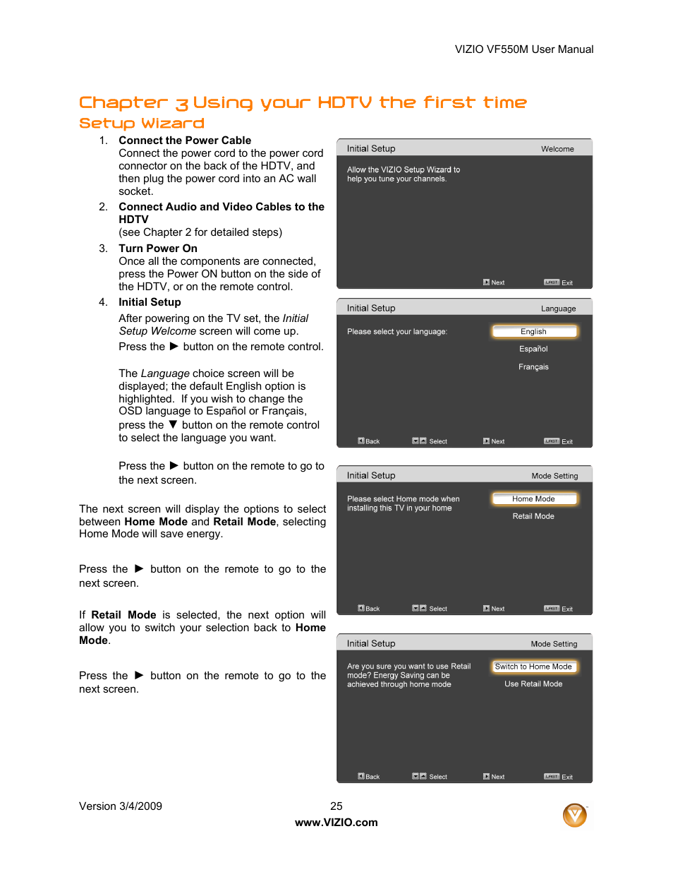 Chapter 3 using your hdtv the first time, Setup wizard | Zanussi VF550M User Manual | Page 25 / 57