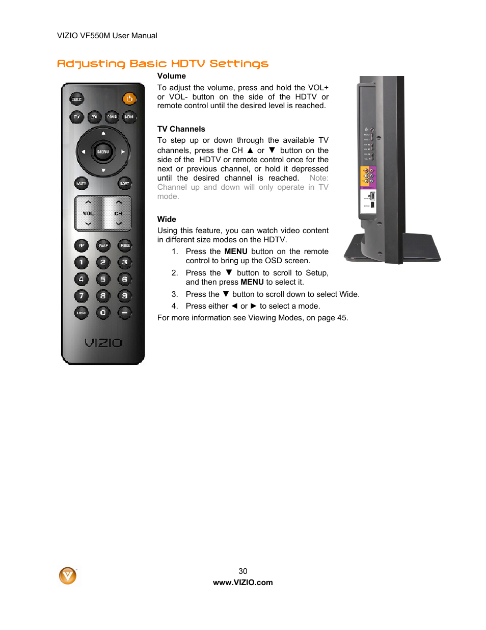 Adjusting basic hdtv settings | Zanussi VF550M User Manual | Page 30 / 57