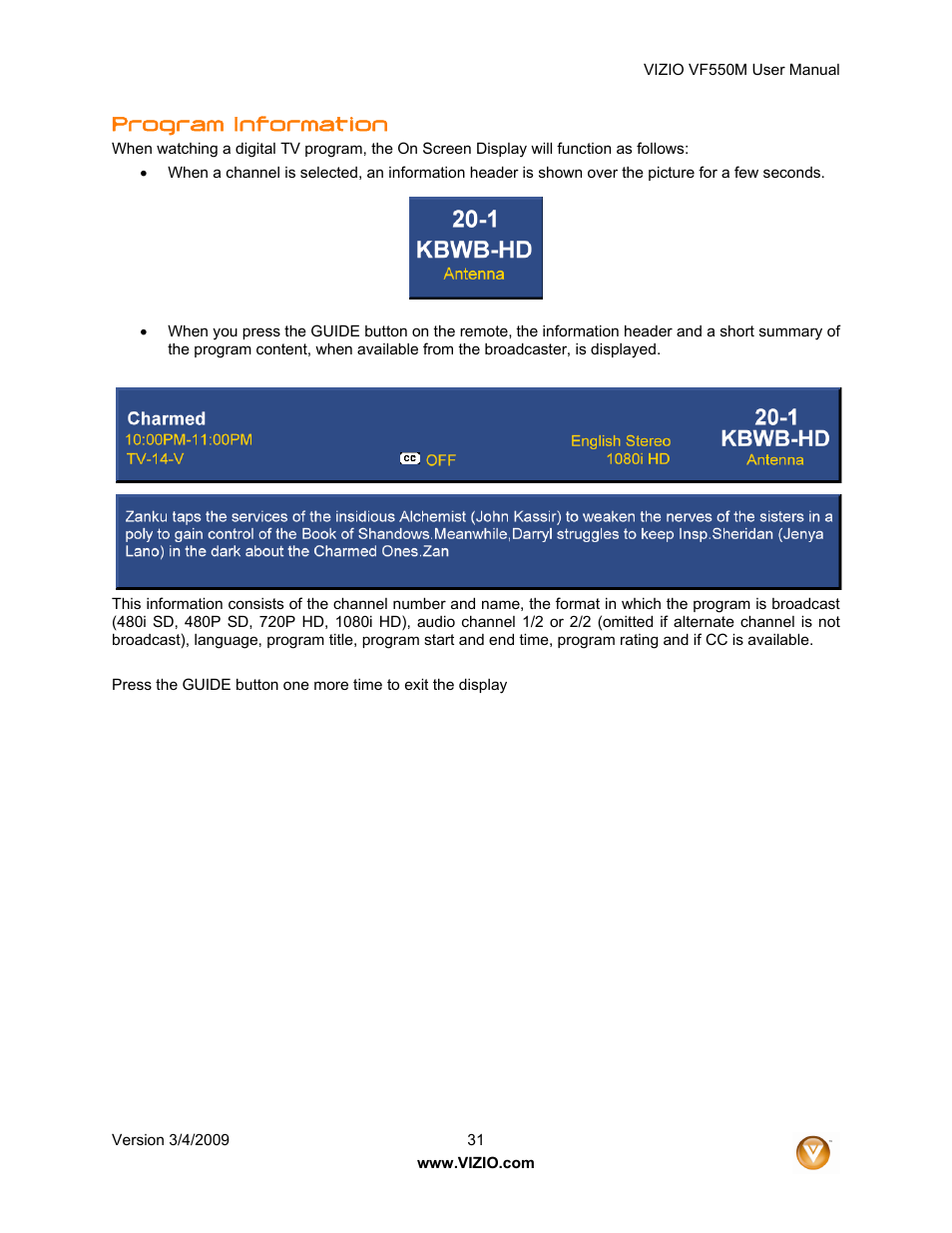 Program information | Zanussi VF550M User Manual | Page 31 / 57