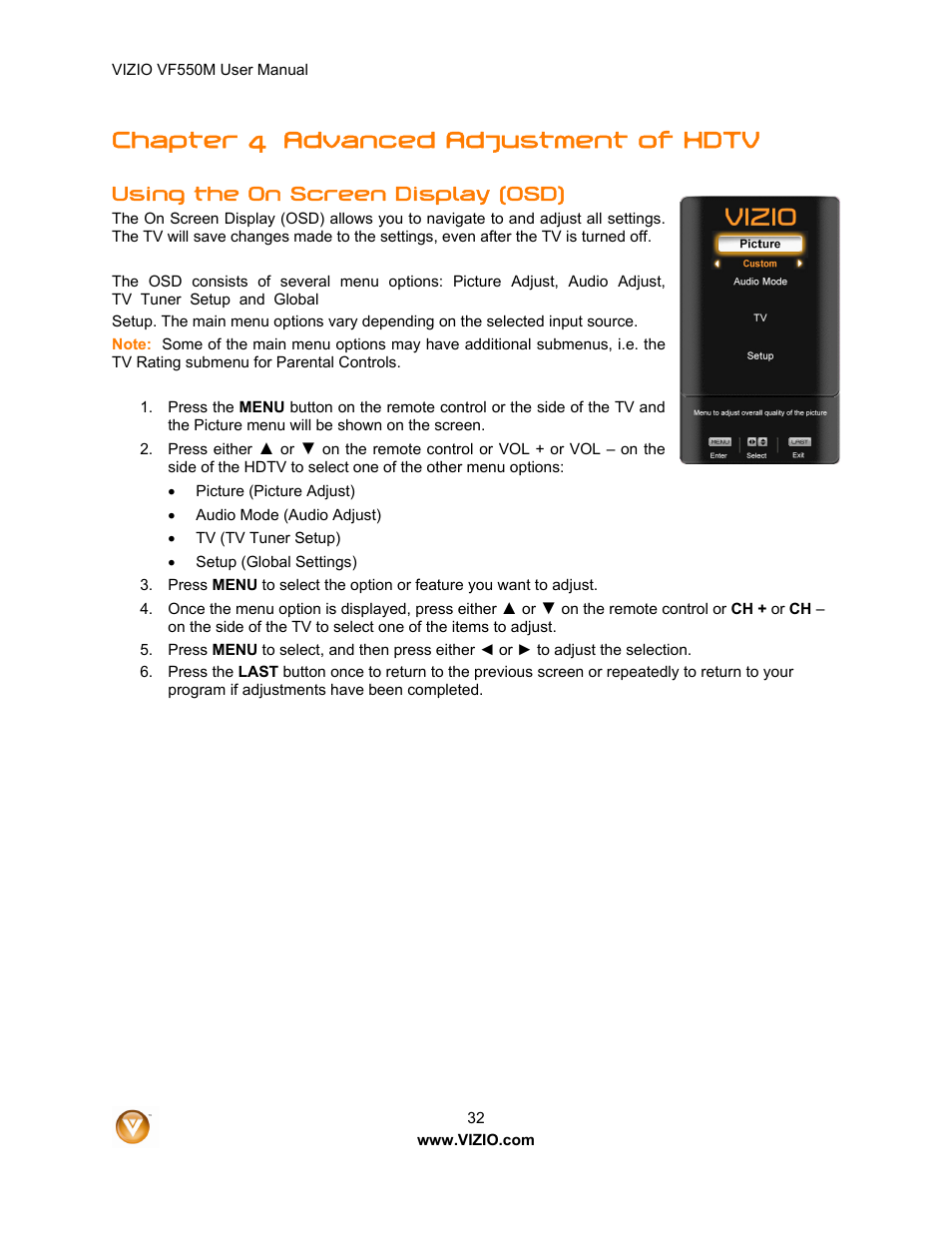 Chapter 4 advanced adjustment of hdtv, Using the on screen display (osd) | Zanussi VF550M User Manual | Page 32 / 57