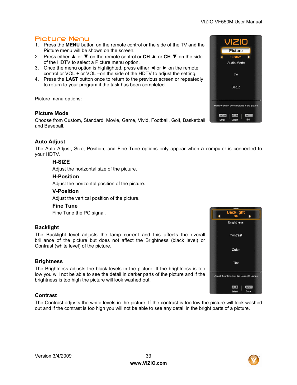 Picture menu | Zanussi VF550M User Manual | Page 33 / 57