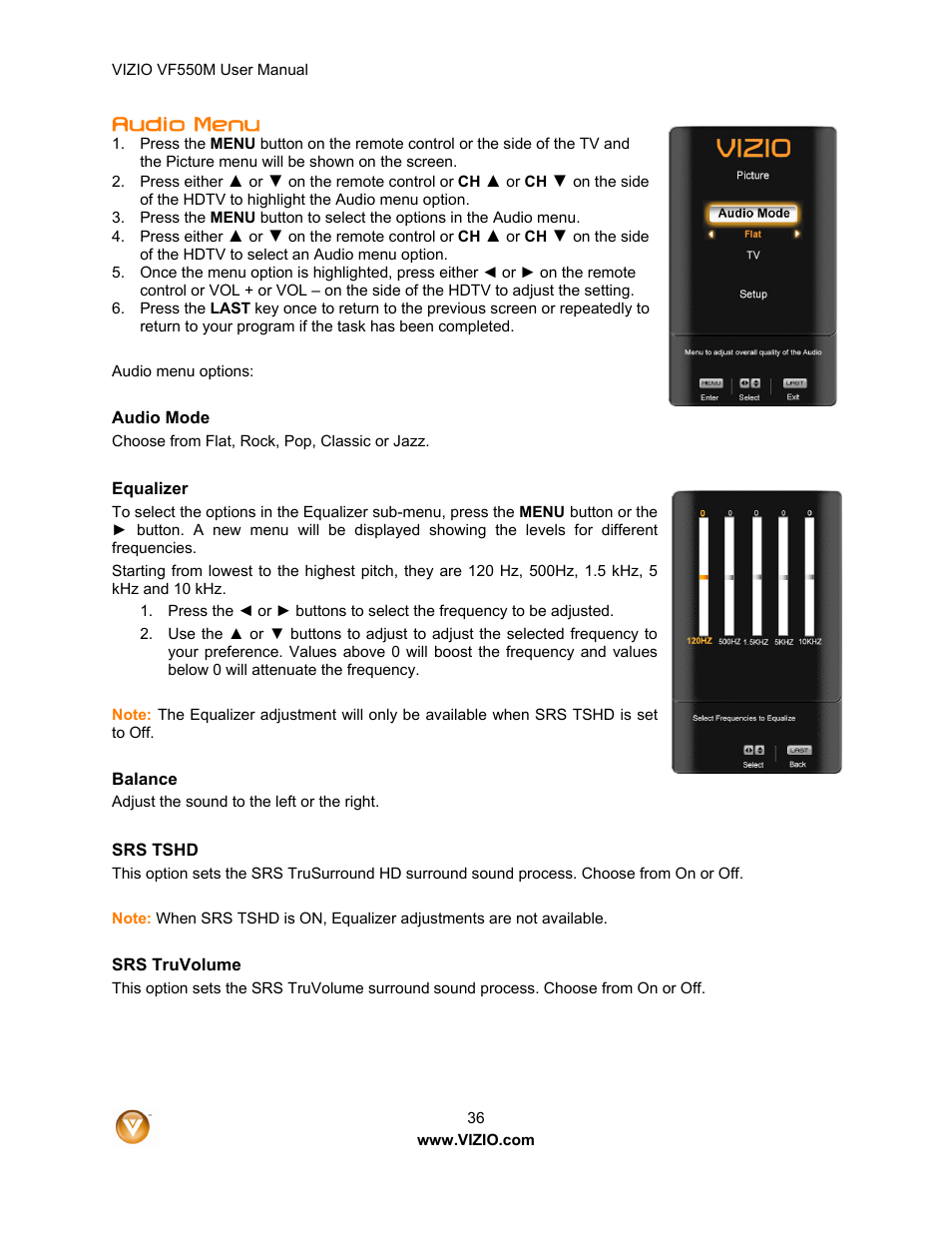 Audio menu | Zanussi VF550M User Manual | Page 36 / 57