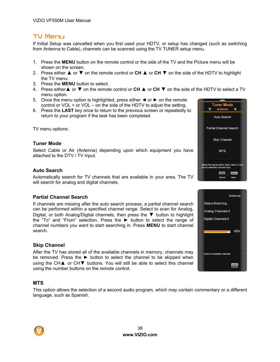 Tv menu | Zanussi VF550M User Manual | Page 38 / 57