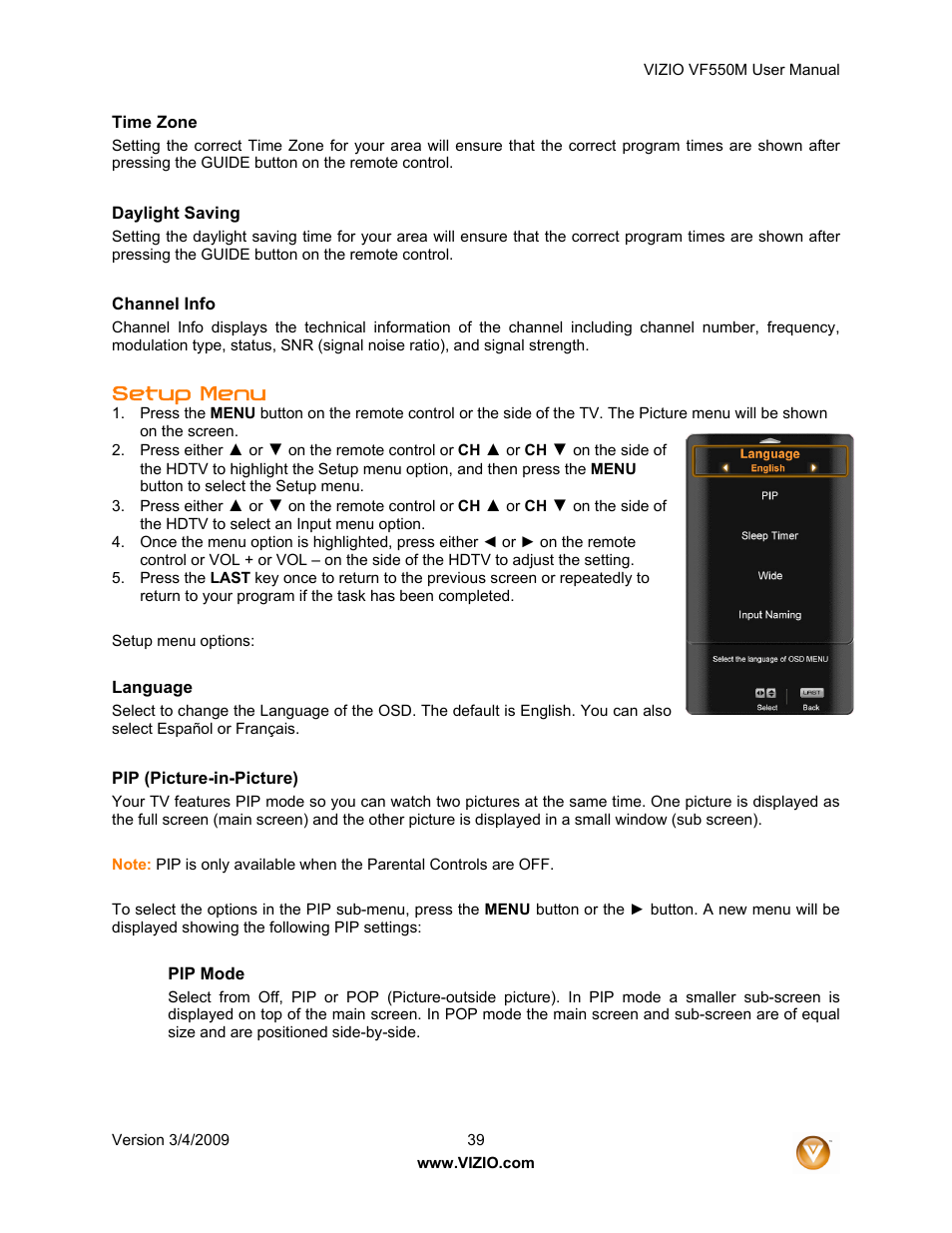 Setup menu | Zanussi VF550M User Manual | Page 39 / 57