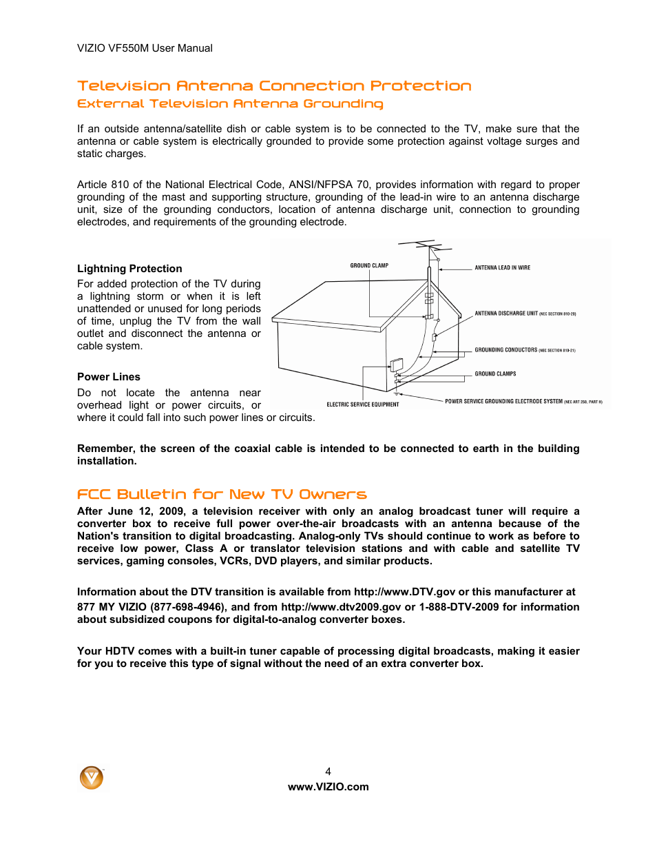 Television antenna connection protection, Fcc bulletin for new tv owners | Zanussi VF550M User Manual | Page 4 / 57
