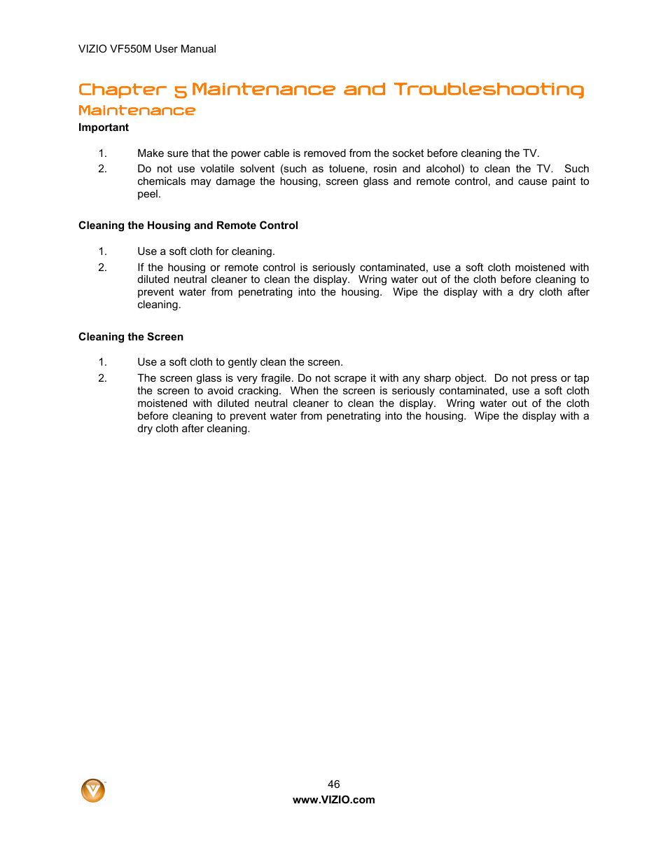 Maintenance and troubleshooting, Chapter 5, Maintenance | Zanussi VF550M User Manual | Page 46 / 57
