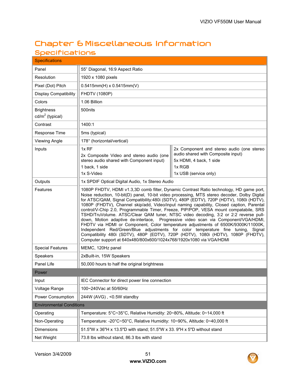 Chapter 6 miscellaneous information, Specifications | Zanussi VF550M User Manual | Page 51 / 57