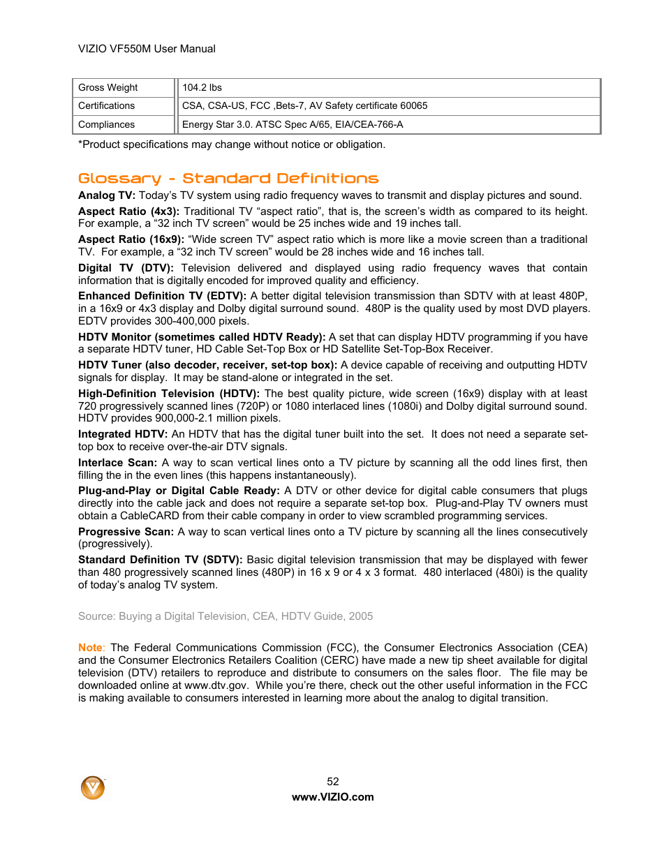 Glossary – standard definitions | Zanussi VF550M User Manual | Page 52 / 57