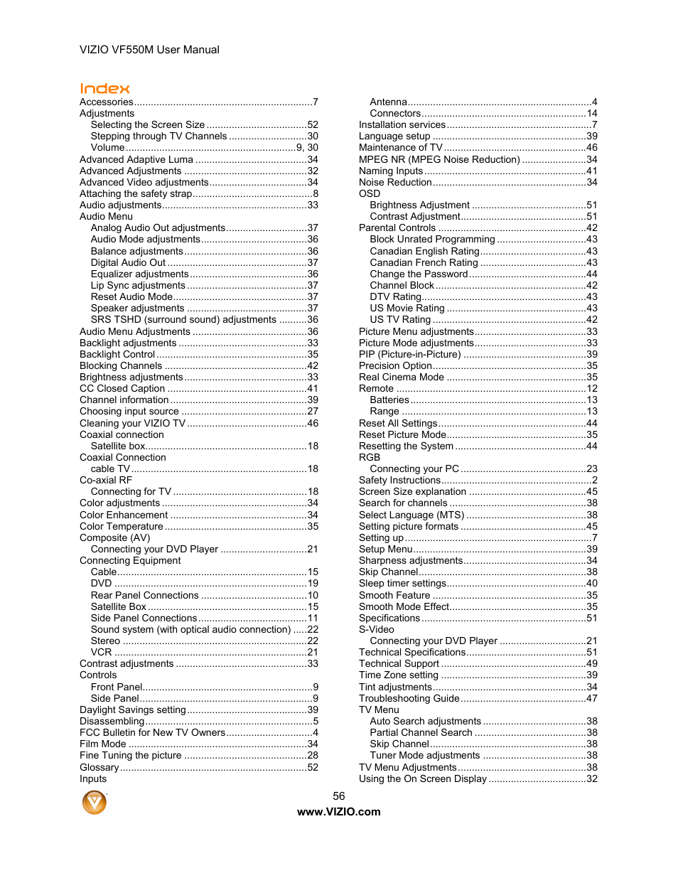 Index | Zanussi VF550M User Manual | Page 56 / 57