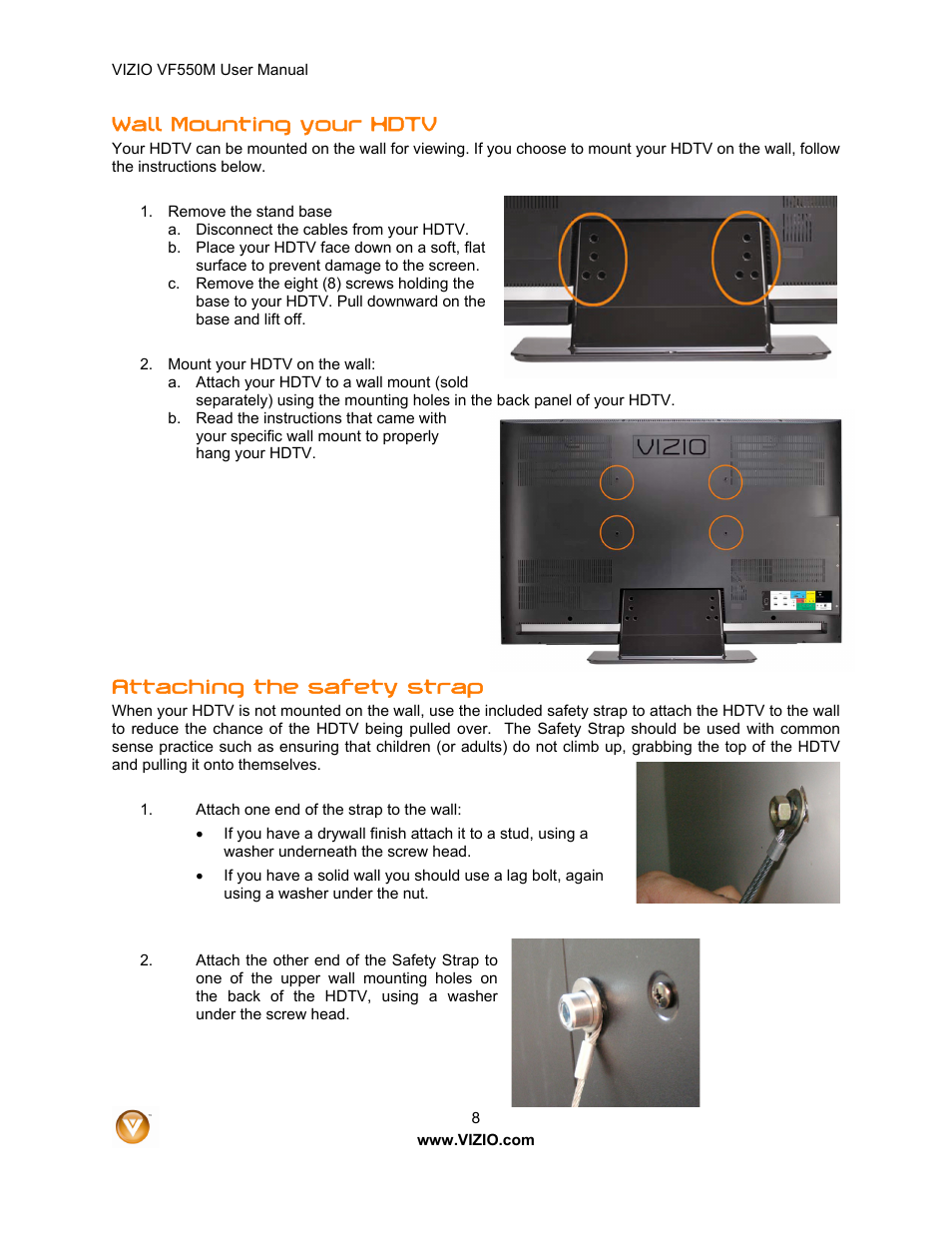 Wall mounting your hdtv, Attaching the safety strap | Zanussi VF550M User Manual | Page 8 / 57